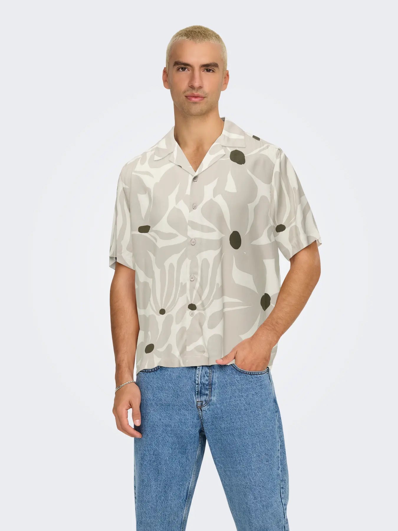 ONLY + SONS DASH PRINTED RESORT SHIRT - SILVER LINING