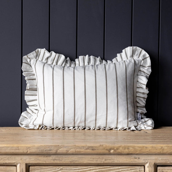 RUFFLE LUMBAR PILLOW WITH INSERT - OLIVE GREEN PIN STRIPES