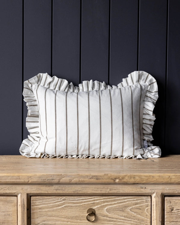 RUFFLE LUMBAR PILLOW WITH INSERT - OLIVE GREEN PIN STRIPES