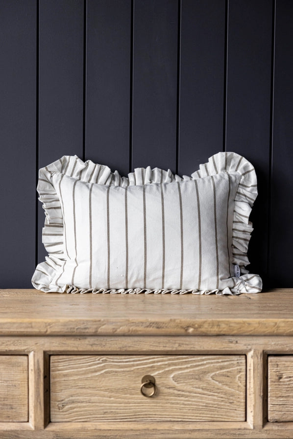 RUFFLE LUMBAR PILLOW WITH INSERT - OLIVE GREEN PIN STRIPES