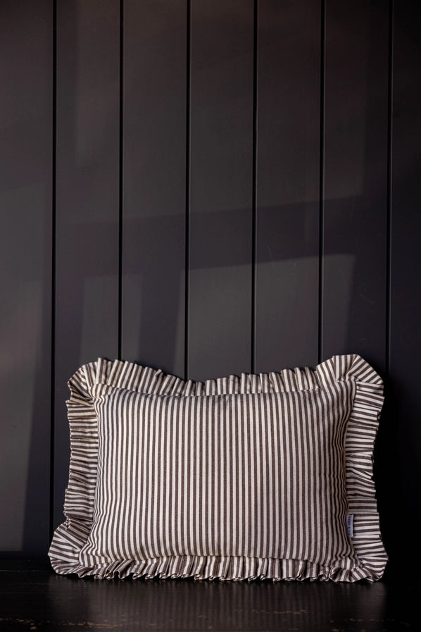 RUFFLE LUMBAR PILLOW WITH INSERT - BROWN WHITE STRIPES