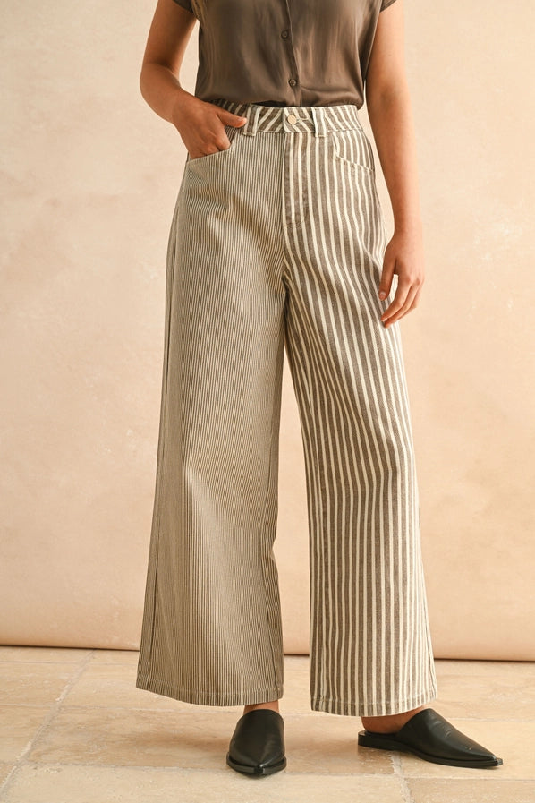 OLIVIA STRIPE FABRIC MIX PANTS - BROWN
