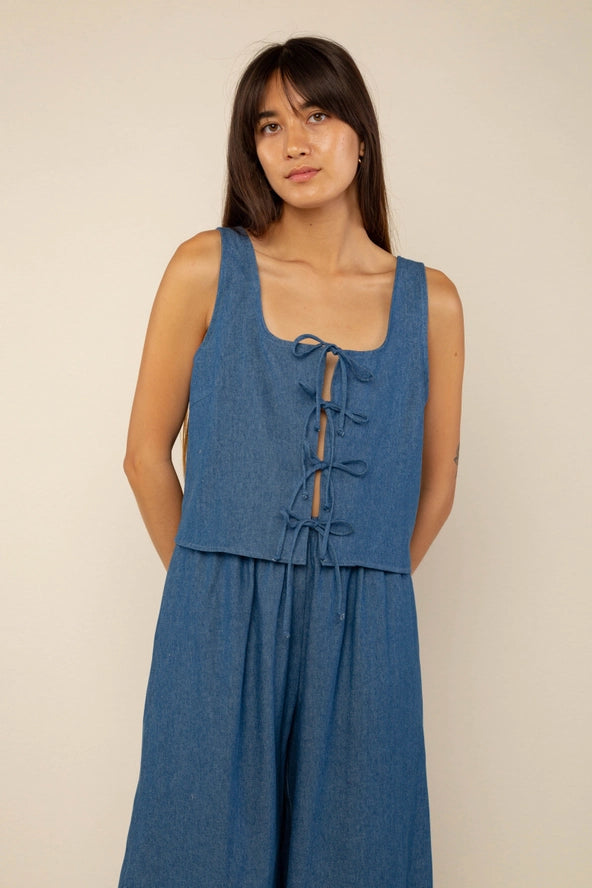 DENIM TIE TOP - MEDIUM WASH