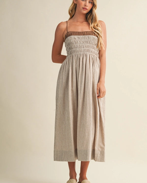RAVELLO LAYERED LOOK GINGHAM DRESS - COCONUT SHELL