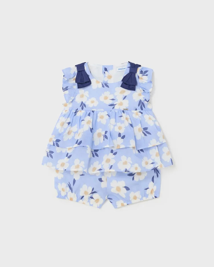 MAYORAL 2PC FLORAL SHIRT + BLOOMER SET - BLUE