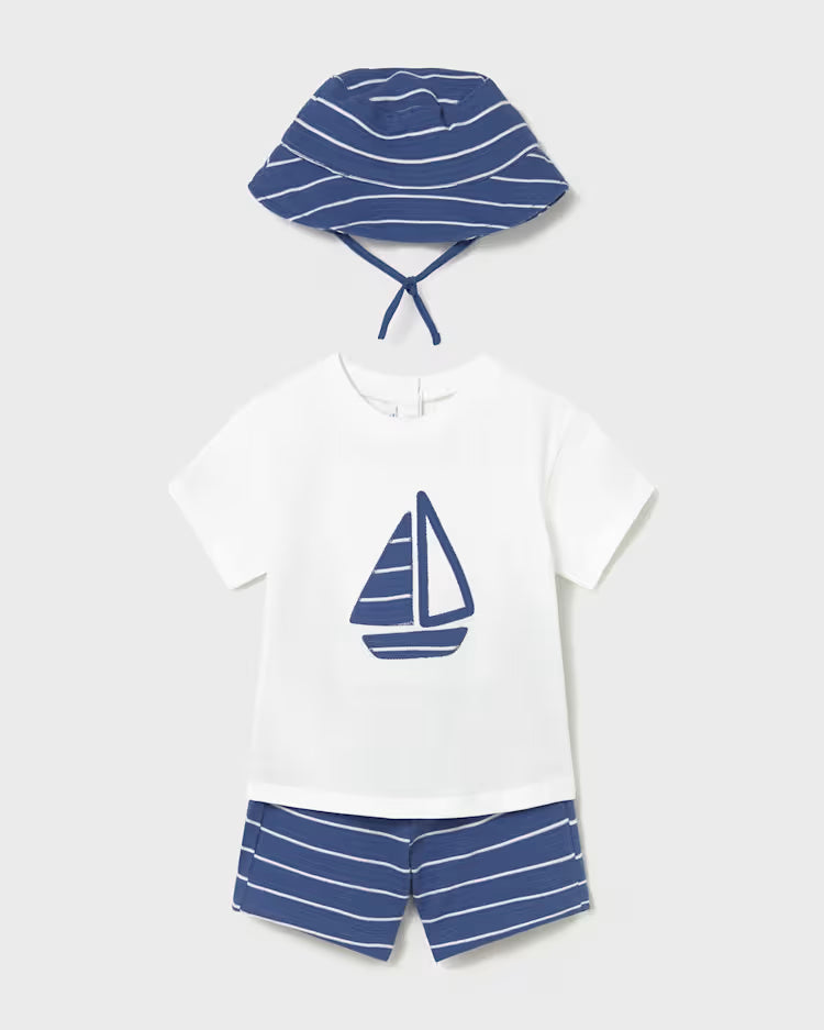 MAYORAL 3PC SHORTS + HAT SET - CAPRI BLUE