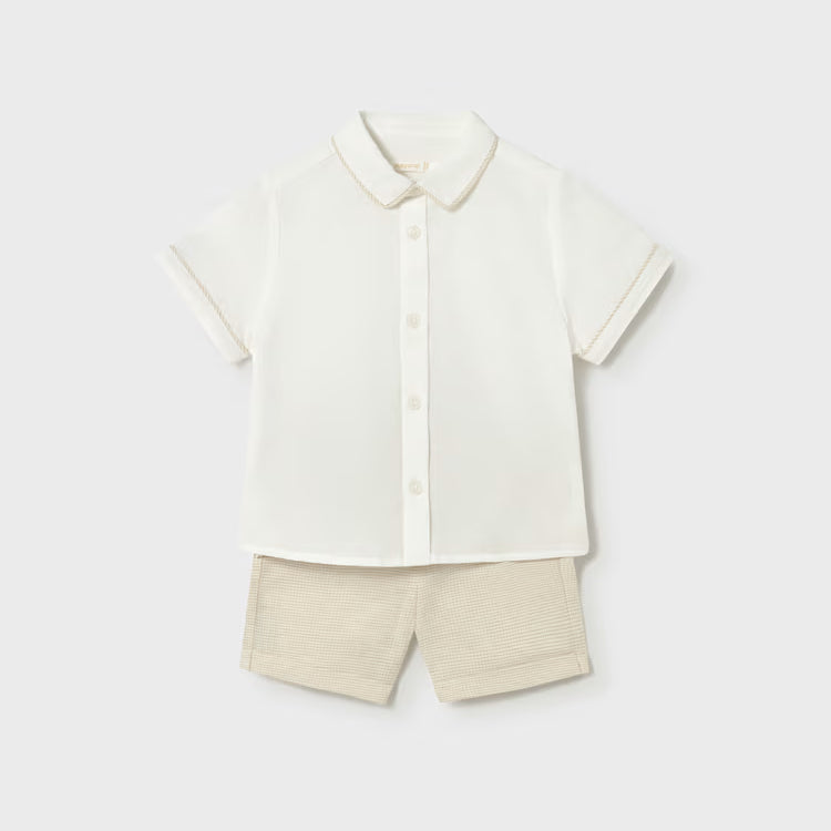 MAYORAL 2PC DRESS SHIRT + SHORTS SET - OAT CHECK