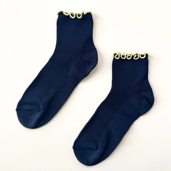 LE BON SHOPPE RUFFLED MODAL SOCKS - NAVY BLUE / BUTTER