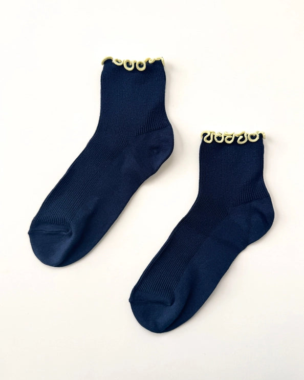 LE BON SHOPPE RUFFLED MODAL SOCKS - NAVY BLUE / BUTTER