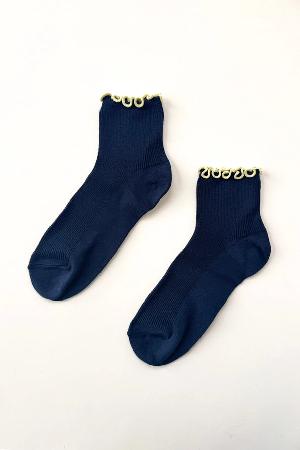 LE BON SHOPPE RUFFLED MODAL SOCKS - NAVY BLUE / BUTTER