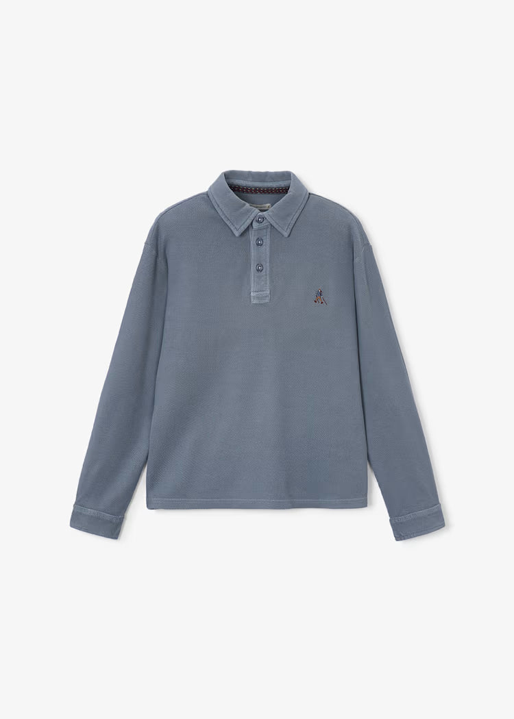 MAYORAL EMBROIDERED LS POLO - INDIGO
