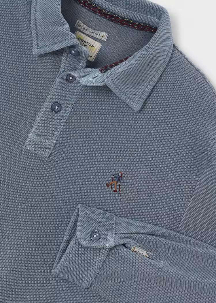 MAYORAL EMBROIDERED LS POLO - INDIGO