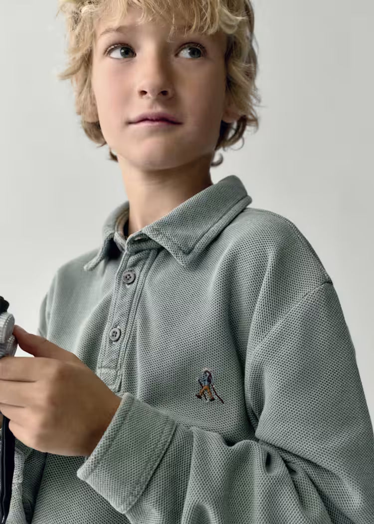 MAYORAL EMBROIDERED LS POLO - MOSS