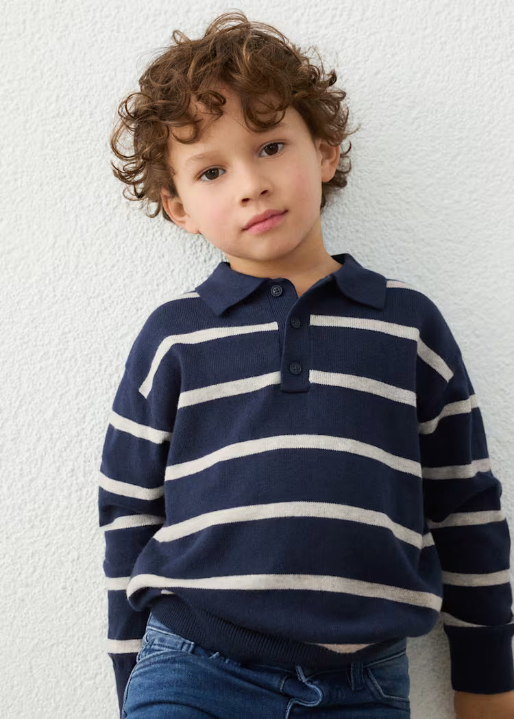 MAYORAL STRIPED KNIT LS POLO - NAVY BLUE