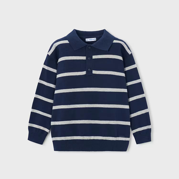 MAYORAL STRIPED KNIT LS POLO - NAVY BLUE
