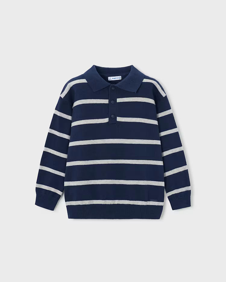 MAYORAL STRIPED KNIT LS POLO - NAVY BLUE