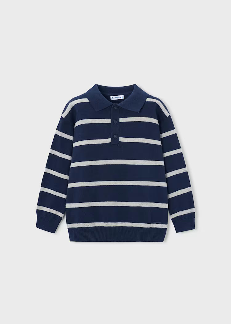 MAYORAL STRIPED KNIT LS POLO - NAVY BLUE
