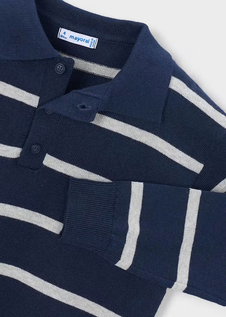 MAYORAL STRIPED KNIT LS POLO - NAVY BLUE