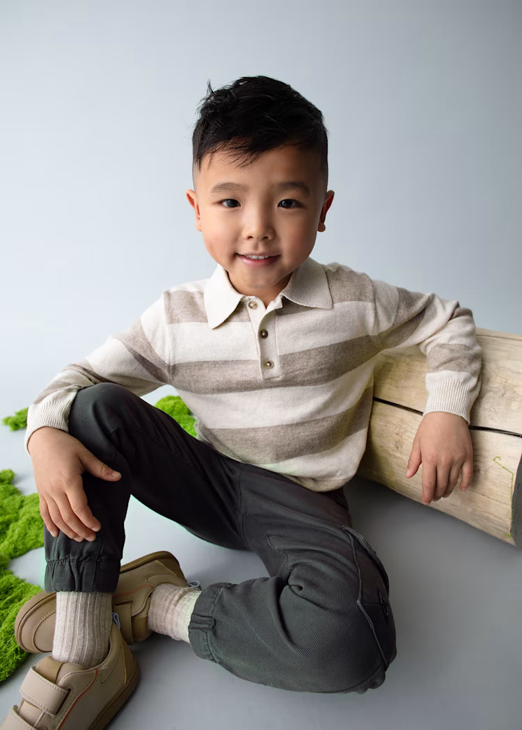 MAYORAL STRIPED KNIT POLO - MOLE MELANGE