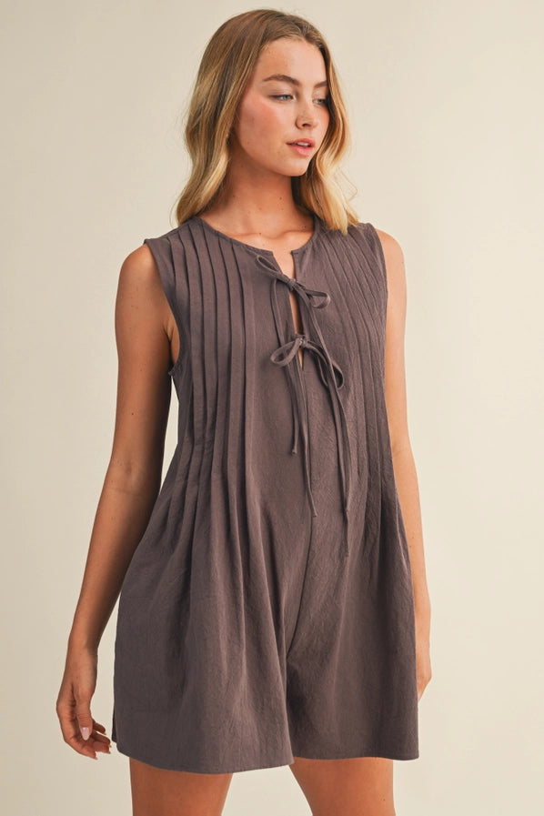 CHASING SUNSETS TIED FRONT PLEATED SL ROMPER - DUSTY WOOD
