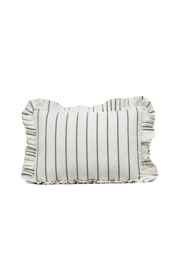 RUFFLE LUMBAR PILLOW WITH INSERT - OLIVE GREEN PIN STRIPES