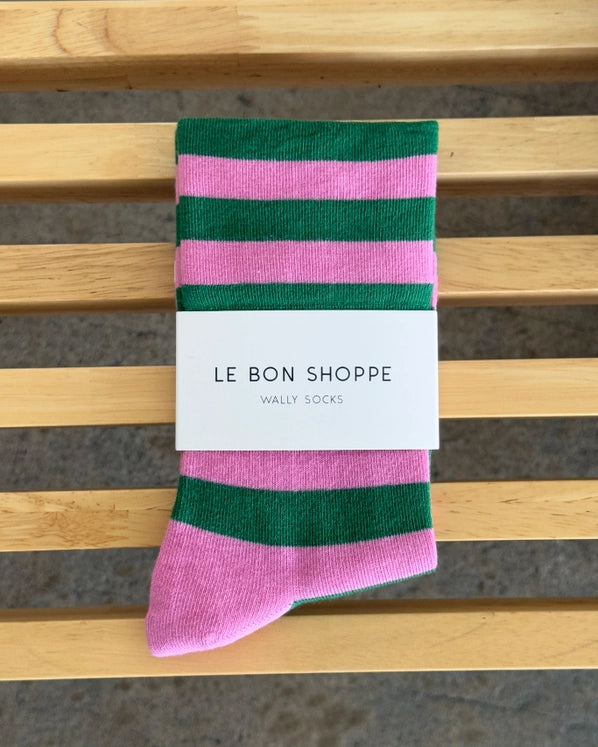 LE BON SHOPPE WALLY SOCKS - WIDE PINK + GREEN STRIPE