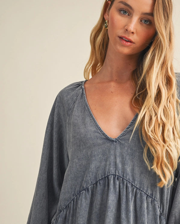 V NECK WASHED TIERED DRESS - INK INDIGO