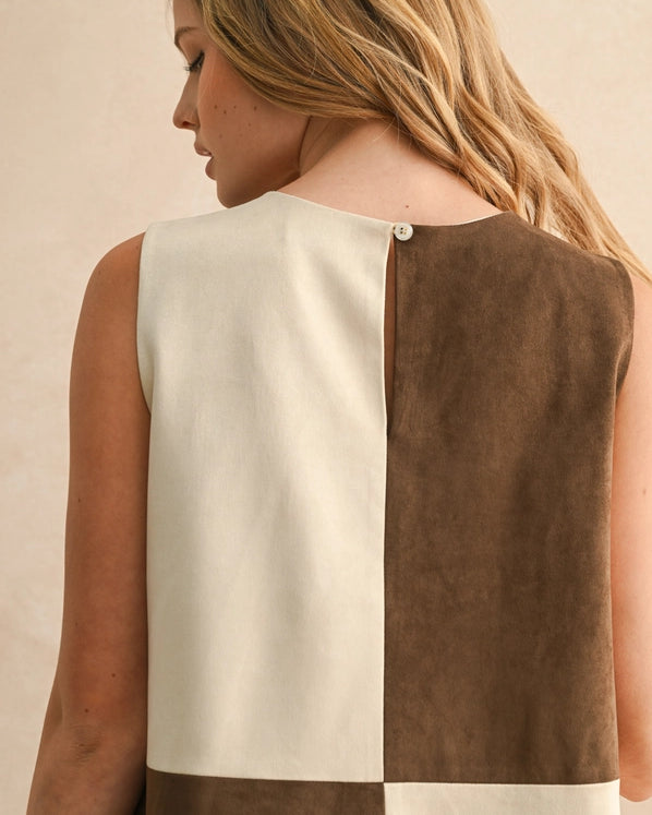 CONTRASTED SHIFT DRESS - BROWN