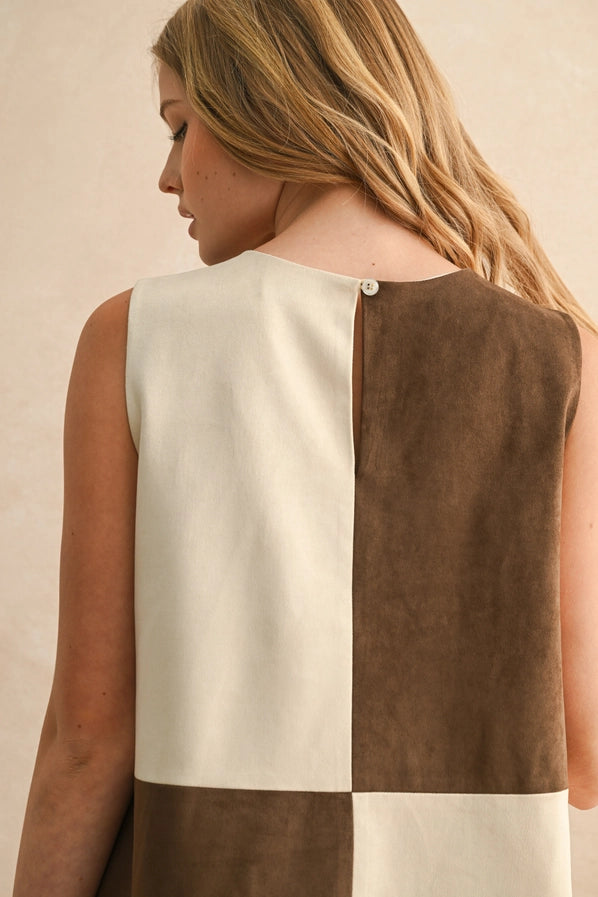 CONTRASTED SHIFT DRESS - BROWN