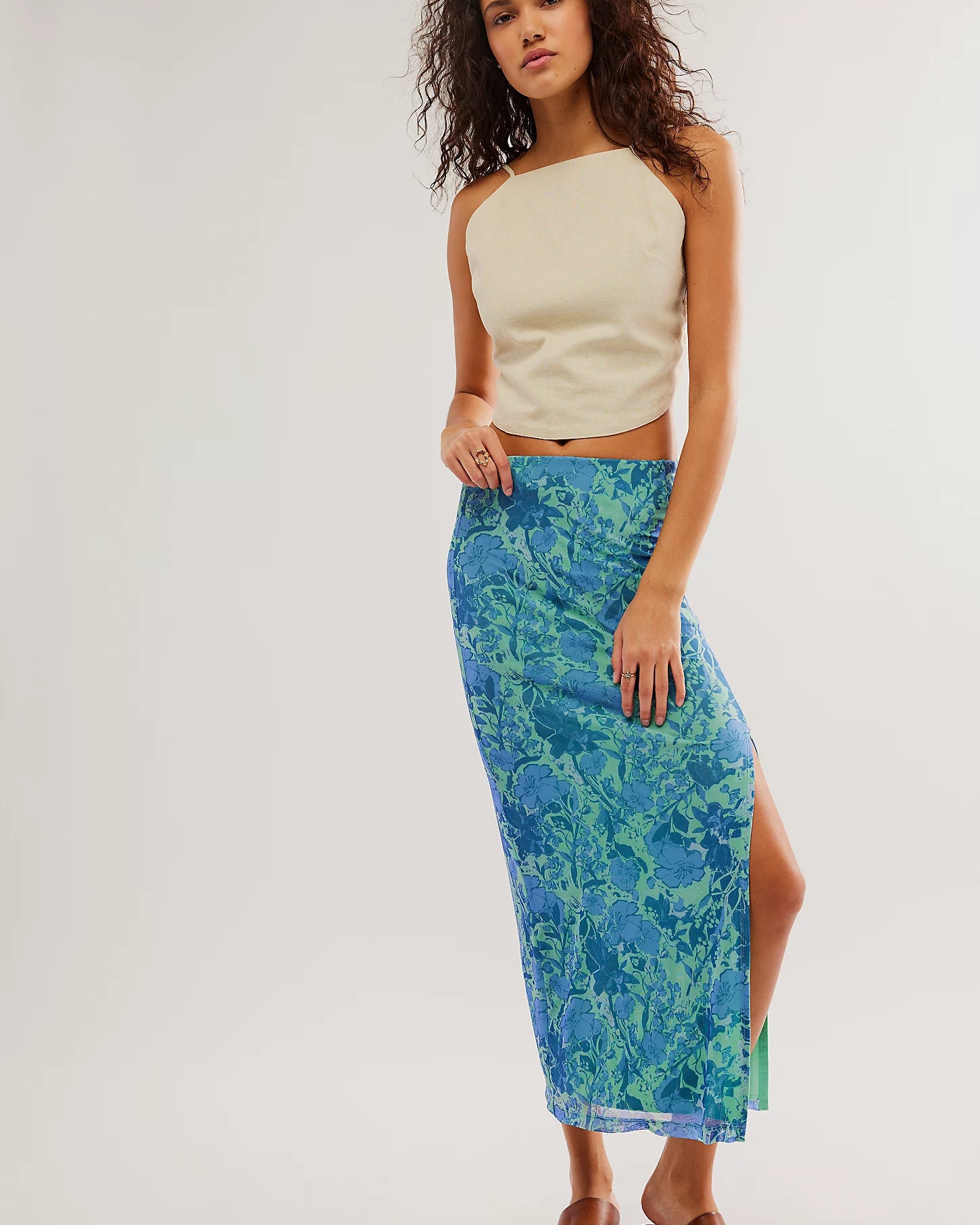 FREE PEOPLE ROSALIE MESH MIDI SKIRT - TEAL COMBO