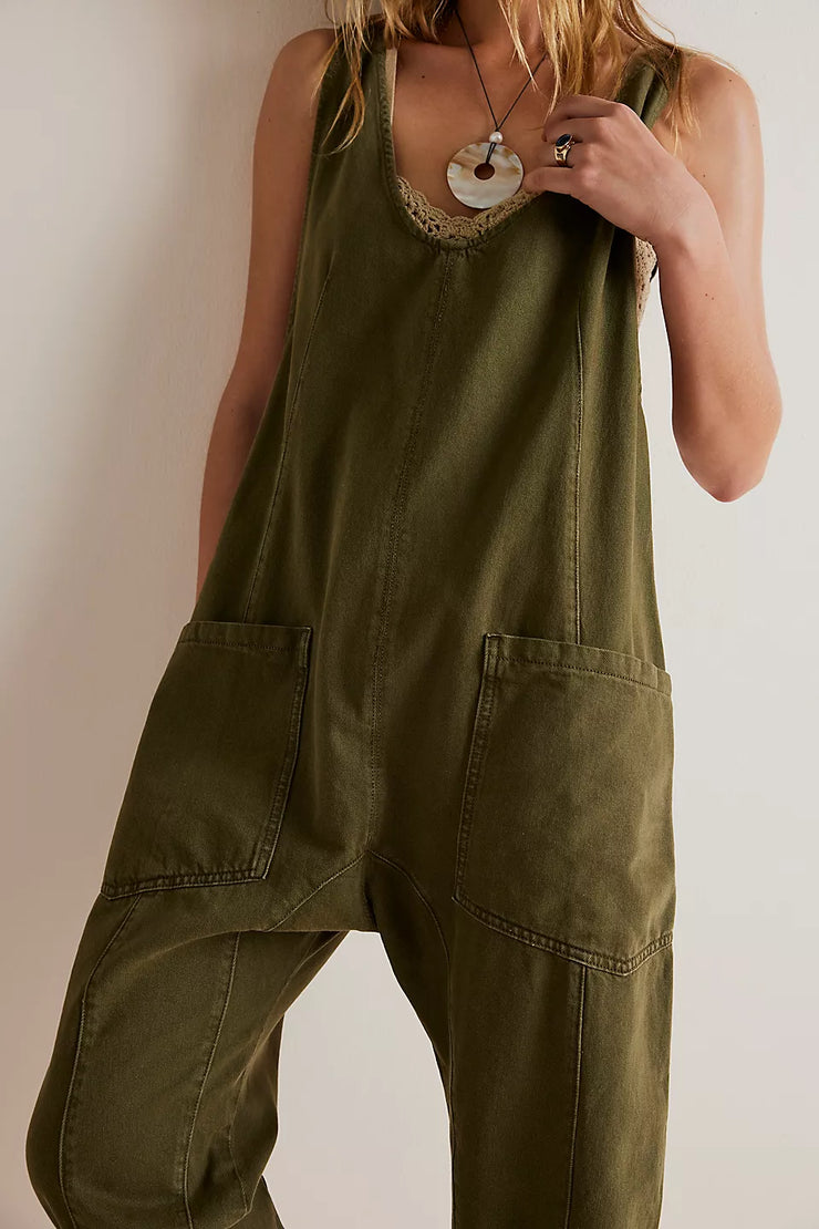 FREE PEOPLE HIGH ROLLER JUMPSUIT - MOSS STONE - LAST SIZE L