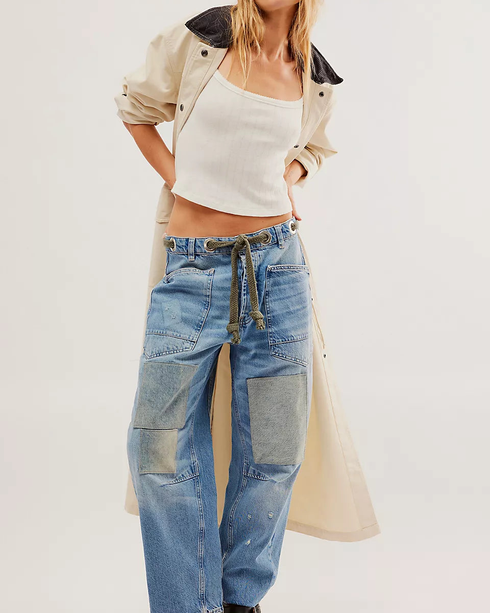 FREE PEOPLE MOXIE PULL - ON BARREL JEANS - TRUEST BLUE