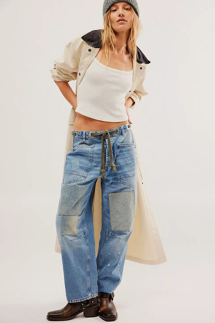 FREE PEOPLE MOXIE PULL - ON BARREL JEANS - TRUEST BLUE