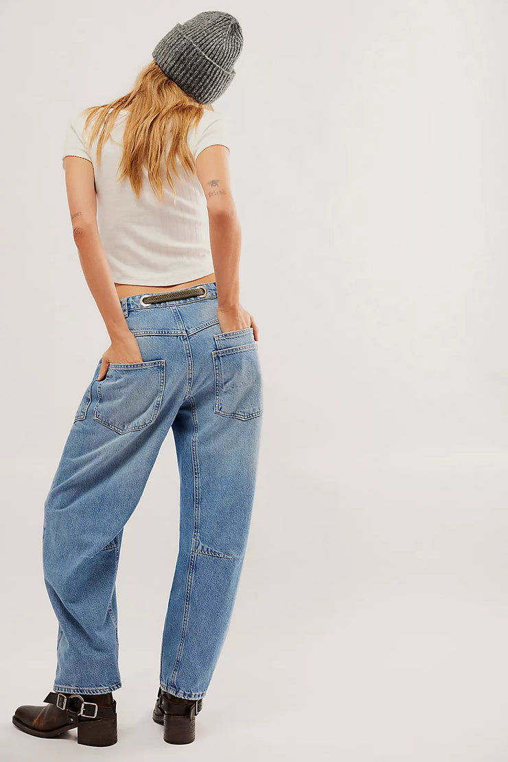 FREE PEOPLE MOXIE PULL - ON BARREL JEANS - TRUEST BLUE