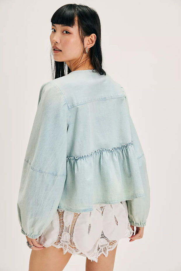 FREE PEOPLE DENIM BRUNCH BABE TOP - LIGHT TINT WASH