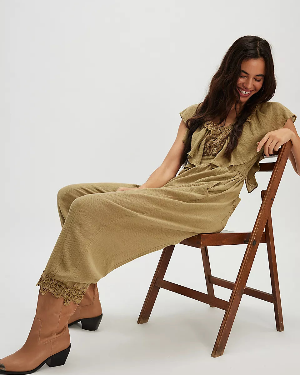 FREE PEOPLE BALI ROLLING DUNES JUMPSUIT - DUSTY OLIVE COMBO