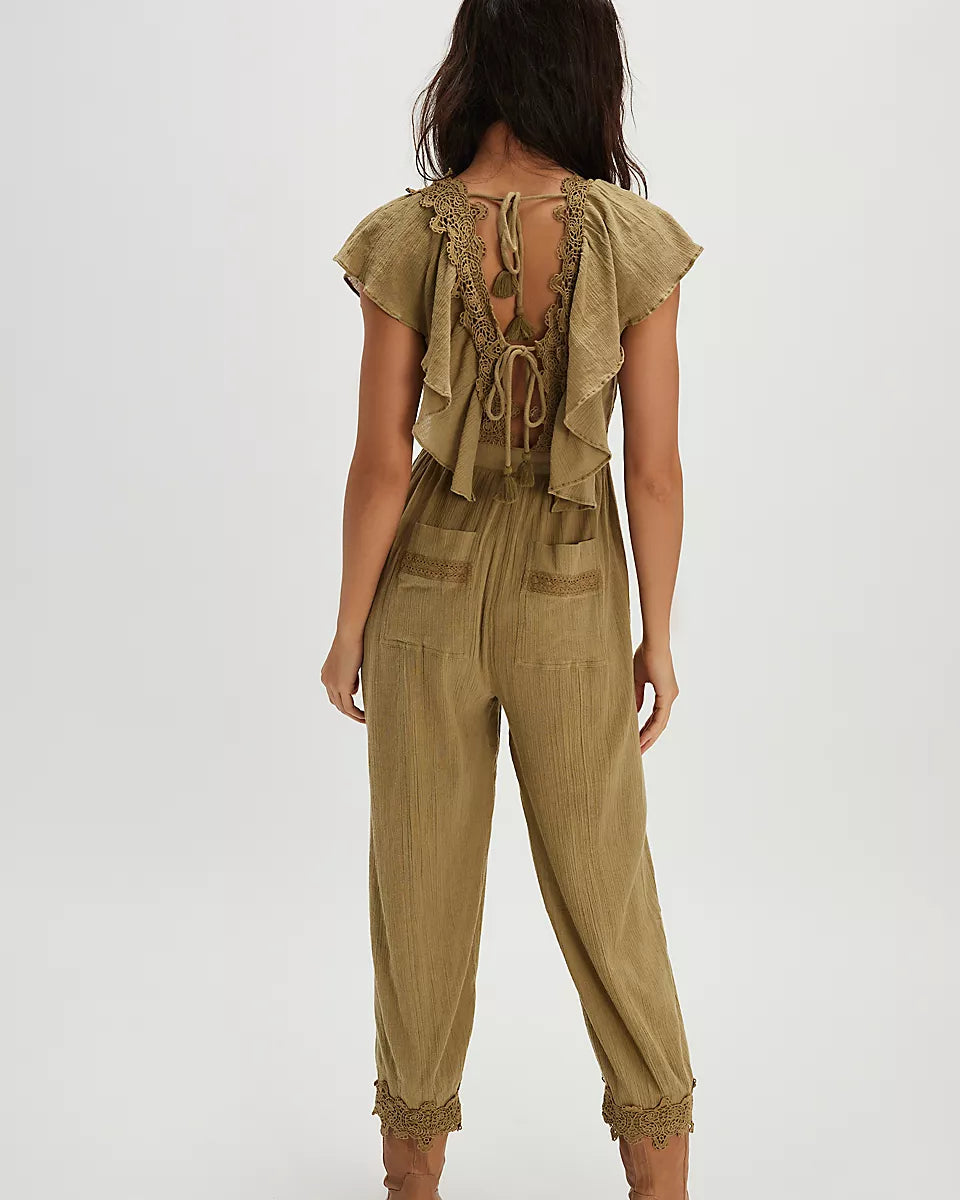 FREE PEOPLE BALI ROLLING DUNES JUMPSUIT - DUSTY OLIVE COMBO