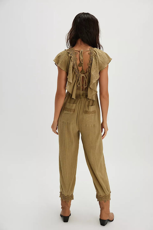 FREE PEOPLE BALI ROLLING DUNES JUMPSUIT - DUSTY OLIVE COMBO