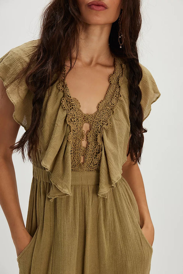 FREE PEOPLE BALI ROLLING DUNES JUMPSUIT - DUSTY OLIVE COMBO