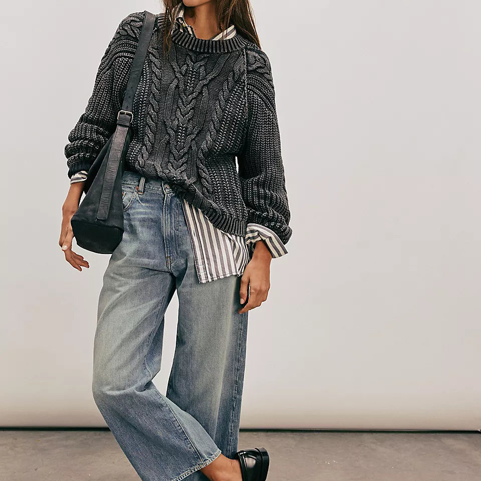 FREE PEOPLE FRANKIE CABLE SWEATER - BLACK