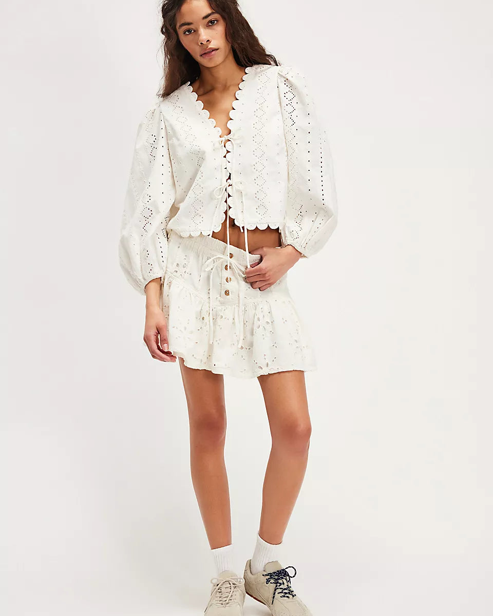 FREE PEOPLE ROSELLE EYELET MINI SKIRT - IVORY