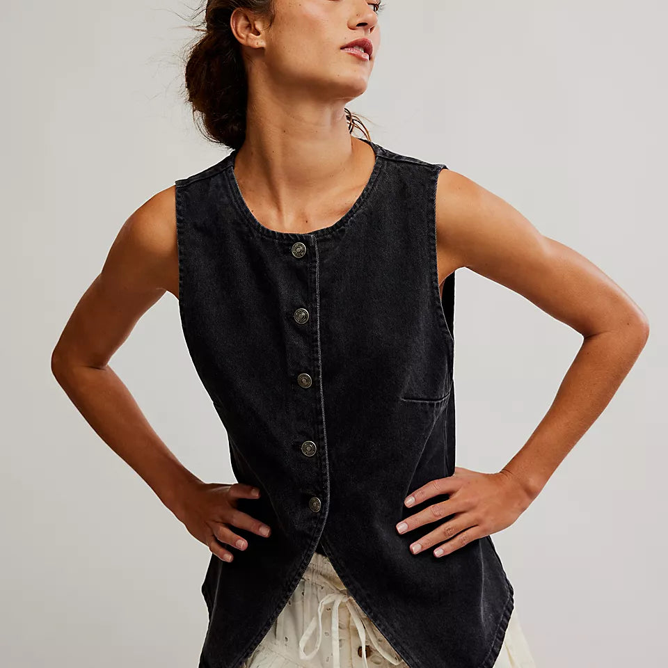 FREE PEOPLE AIMEE VEST - BLACK DENIM