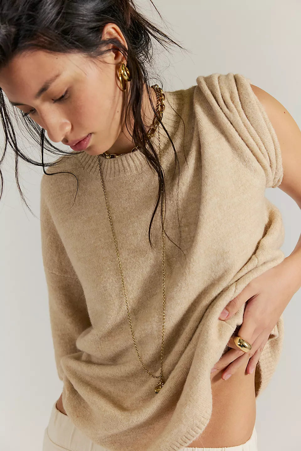 FREE PEOPLE MARGOT SWEATER TEE - PEARL MELANGE