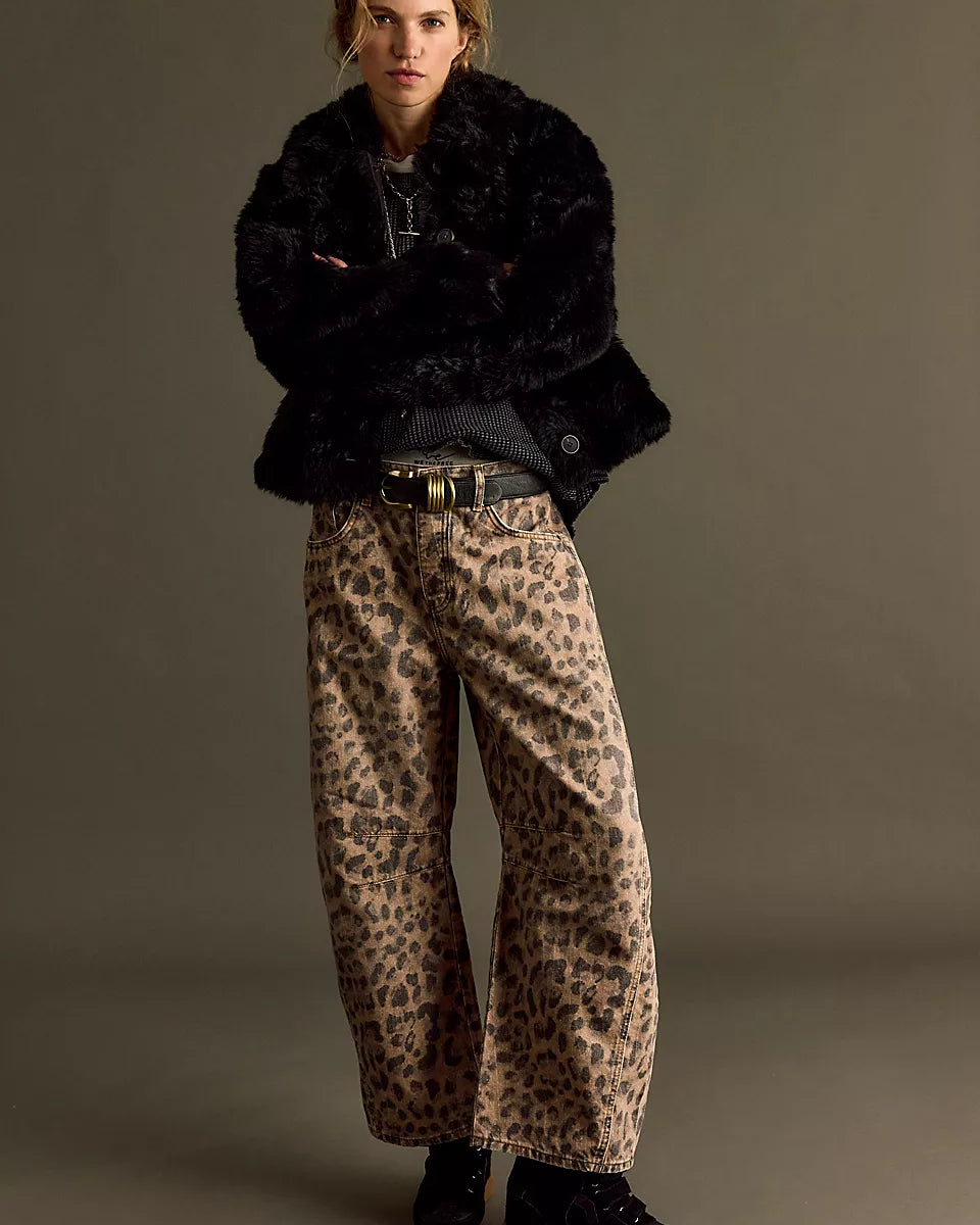 FREE PEOPLE GOOD LUCK PRINTED BARREL JEANS - BROWN SUGAR