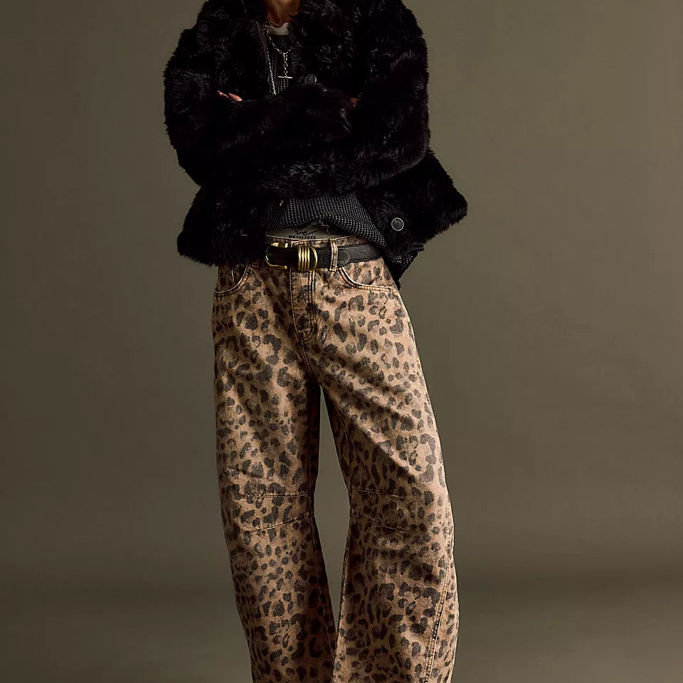 FREE PEOPLE GOOD LUCK PRINTED BARREL JEANS - BROWN SUGAR