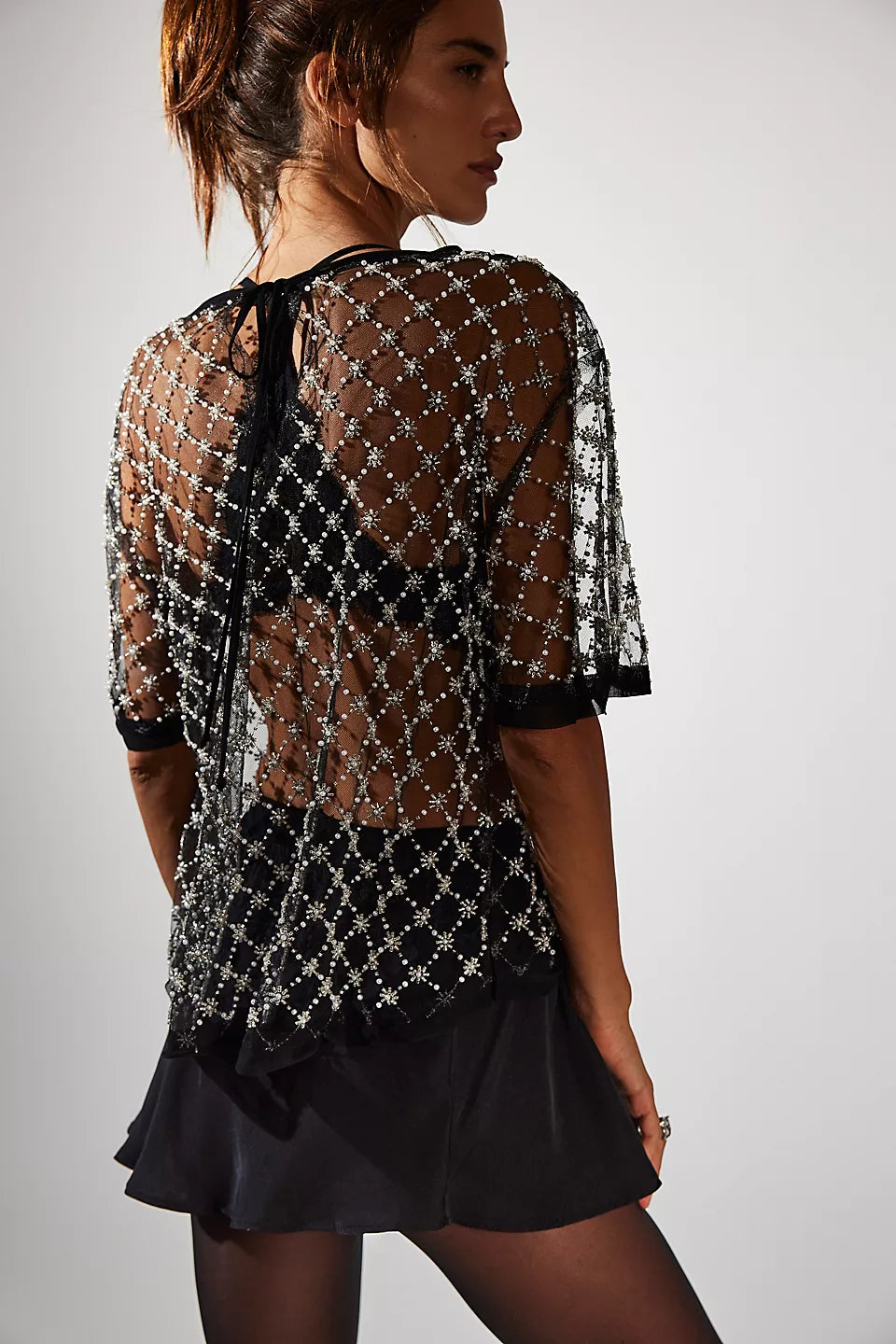 FREE PEOPLE LOIR EMBELLISHED KNIT TOP - BLACK