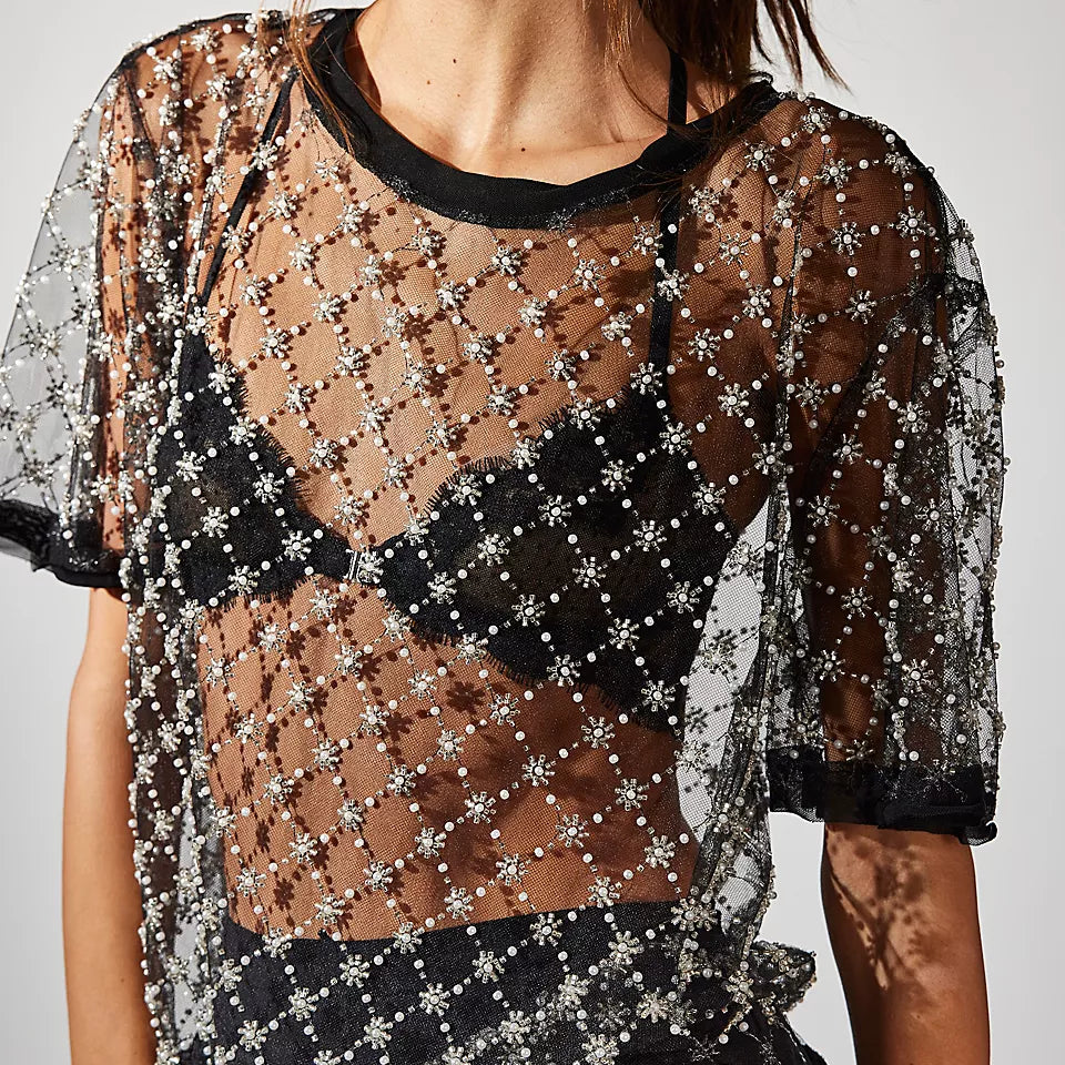 FREE PEOPLE LOIR EMBELLISHED KNIT TOP - BLACK