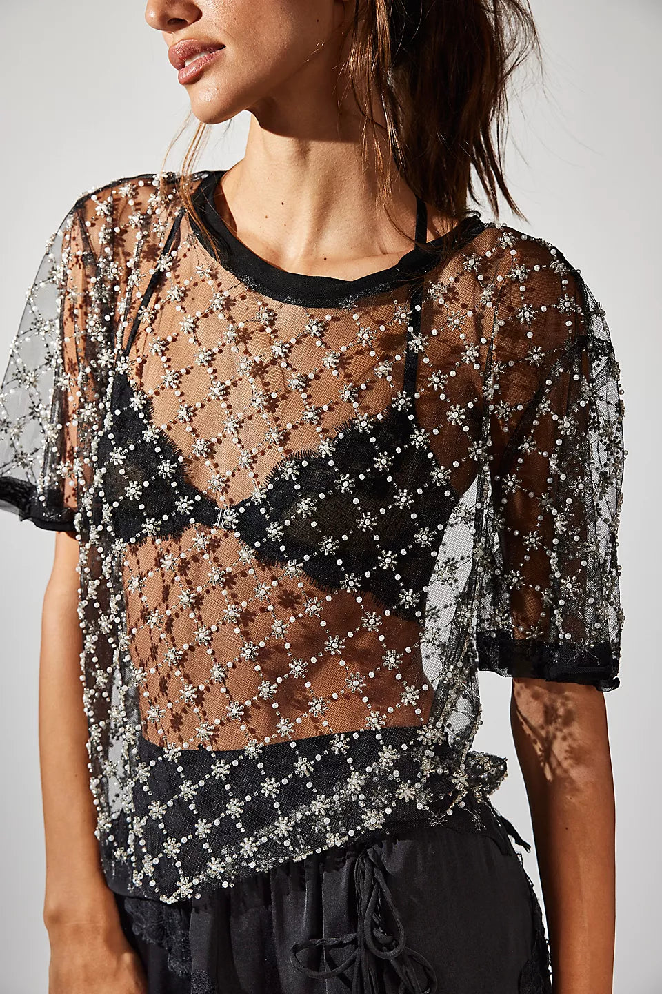 FREE PEOPLE LOIR EMBELLISHED KNIT TOP - BLACK