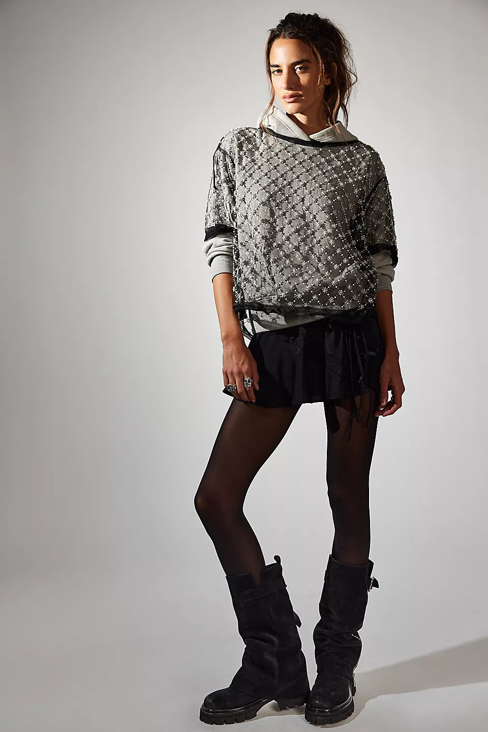 FREE PEOPLE LOIR EMBELLISHED KNIT TOP - BLACK