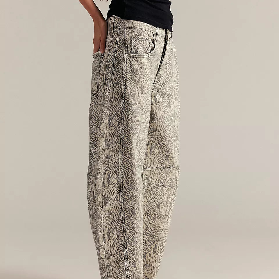 FREE PEOPLE GOOD LUCK PRINTED BARREL JEANS - SNAKE COMBO